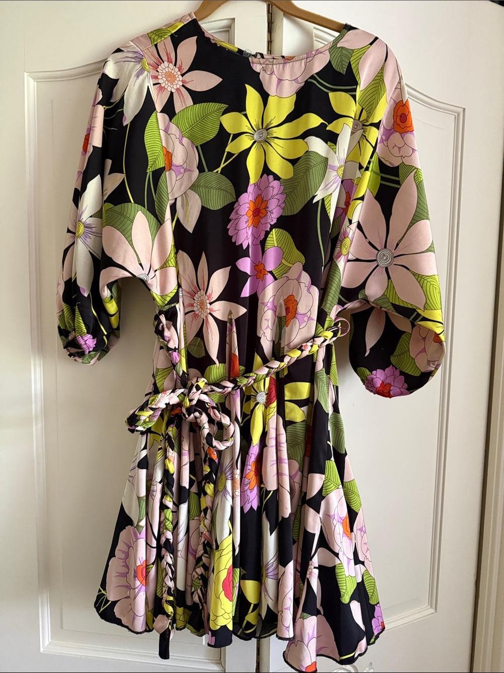 Black Floral Fit-and-Flare Dress with Pink & Lime Blooms